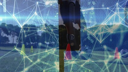 Poster - Network of connections and data processing animation over outdoor sports scene