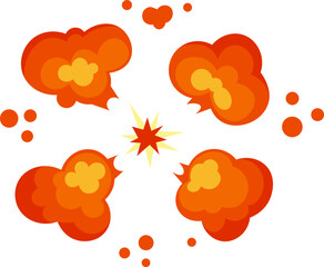 Poster - orange and yellow explosion expanding on a white background, with sparks and smoke clouds creating a