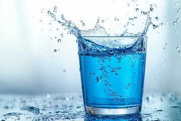 Poster - Refreshing Blue Water Splashing in Glass Crystal Clear Liquid Cool Drink Hydration Summer Beverage Pure Clean Aqua Texture Background Image ice drop  