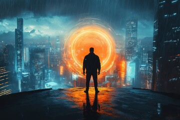 Poster - A man stands in the rain with a city in the background A surreal landscape blending traditional Ju Jitsu elements with futuristic technology .