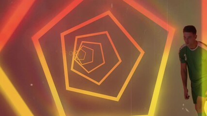 Poster - man in green jersey standing beside glowing hexagonal tunnel animation