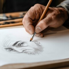 Poster - A close-up of an artist's hand creating a detailed portrait with a brush on paper, showcasing the precision and skill involved.