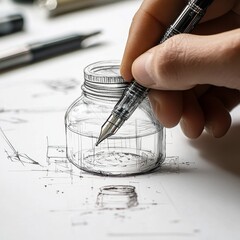 Poster - Crafting Ideas: Detail Sketch of a Glass Jar with Fountain Pen on White Background, Artistic Expression in Process