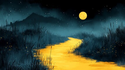 Wall Mural - a painting of a path in the middle of a field at night