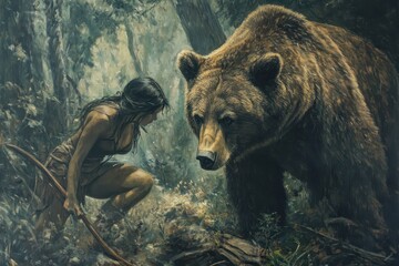 a painting depicting a woman stealthily stalking a bear in a wooded environment illustrate the prima