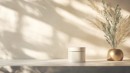 Poster - Elegant display of minimalist decor featuring a cream jar and dried grass in a golden vase on a wooden table illuminated by soft natural light