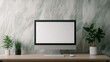 © Serra RT - Modern minimalist workspace with desktop computer keyboard mouse and potted plants