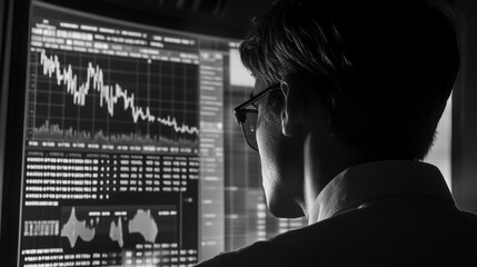 Focused analyst viewing intricate data on screen in monochrome aesthetic portrait