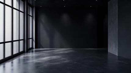 Aufkleber - A stark, modern room with deep black walls and an industrial-style concrete floor, minimal yet dramatic.