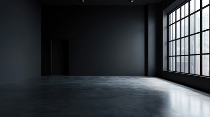 Aufkleber - A stark, modern room with deep black walls and an industrial-style concrete floor, minimal yet dramatic.