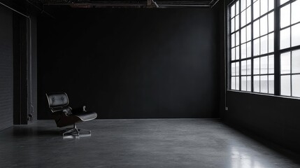 Aufkleber - A stark, modern room with deep black walls and an industrial-style concrete floor, minimal yet dramatic.