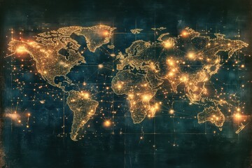 Poster - A photo capturing a map of the world adorned with numerous bright lights A world map showing thousands of connected nodes representing a global blockchain network.