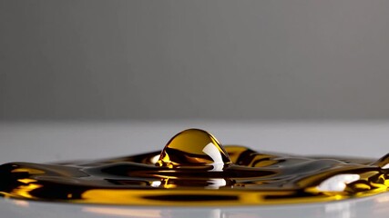 Poster - Viscous golden liquid droplet descending and merging with identical pool, generating distinctive crown-like splash pattern against pristine white background, showcasing fluid dynamic interaction