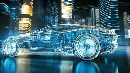Aufkleber - futuristic blue car in uhd cgi wireframe design glowing in a city generative ai