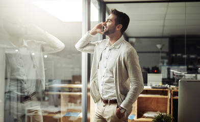 Aufkleber - Businessman, phone call and corporate with conversation, communication or talking for investment opportunity. Male person, technology and networking for workload, deadline or administration in office
