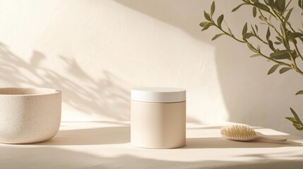 Poster - tranquil setting showcasing a modern skincare display with natural elements and soft lighting