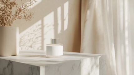 Poster - elegant glass perfume bottle on a marble table with sunlight casting delicate shadows in a bright ro