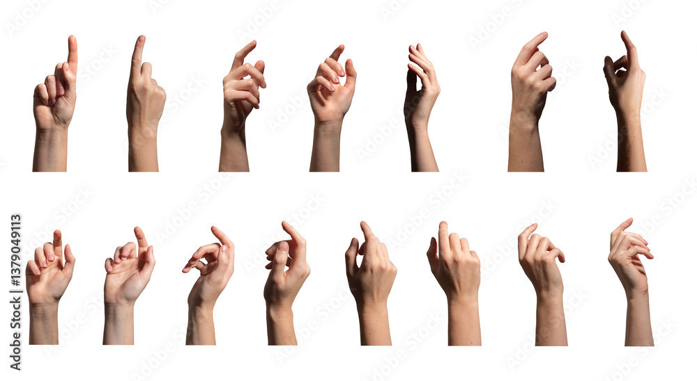 Arm gesture collection. Female hand showing different finger movements ...