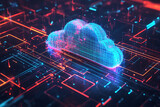 Holographic digital cloud in futuristic virtual network grid, data storage infrastructure visualization, glowing cyber cloud computing system, high-tech database architecture, information technology b