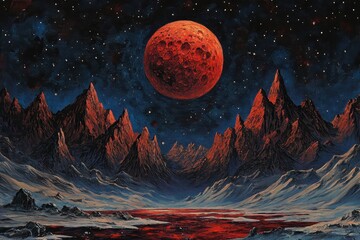 Wall Mural - a red planet looming in the sky showcasing towering mountains in the background a red moon hanging l