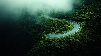 Wall Mural - a winding road amidst a dense green forest in a hazy sky, featuring a gently curved path along its l