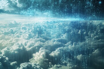 Wall Mural - a sky filled with clouds releasing rain drops onto the earth below cybernetic clouds merging with ph