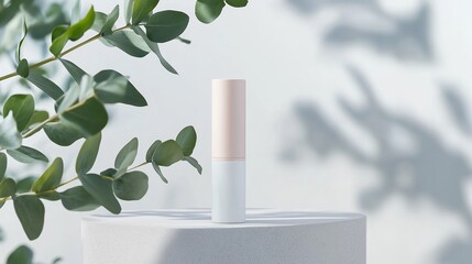 Poster - minimalist beauty product displayed against soft shadows of greenery in a serene setting