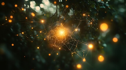 Glowing sphere of light connected with intricate web structures in nature