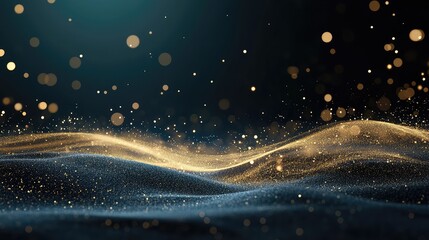 Poster - Ethereal Golden Particles Dancing Over Waves of Dark Sand Creating a Mesmerizing Background for Textures and Abstract Designs in Digital Artwork