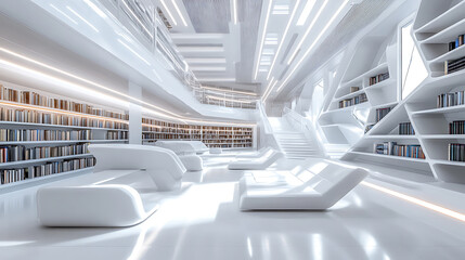 Poster - Futuristic modern white public library, light and spacious modern library with bookshelves, working space