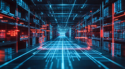 Leinwandbilder - Futuristic technology retail warehouse, a digital warehouse with electronic grids connected to a barcode scanner banner background