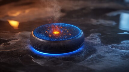 Poster - Abstract depiction of glowing circular device emitting blue and orange light representing energy, with steam rising in a creative, artistic interpretation of technology and innovation