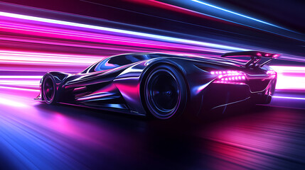 Poster - Generic and unbranded modern sport car on a road with light trails, illustration