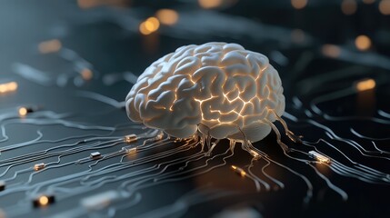 Poster - 3D Rendering of a Stylized Human Brain with Electric Neurons Connected to Circuit Board, Symbolizing Advanced Technology and Artificial Intelligence Concepts