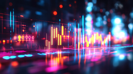 Poster - Glowing business chart hologram on blurry background, financial plan graph, 3d rendering