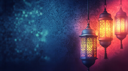Poster - Glowing lanterns on arabic pattern background for ramadan kareem celebration eid mubarak eid al fitr and eid al adha happy eid illustration, decoration greeting banner with copy space, festival poster