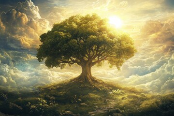 Wall Mural - a tree in a field with the sun shining through the clouds .