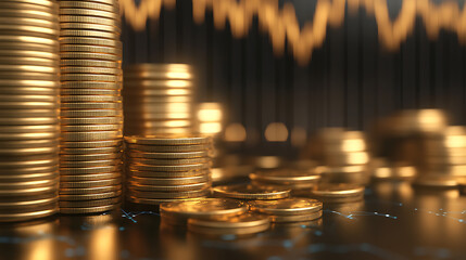 Poster - Gold stock market investment trading graph with a stack of gold coins, 3d rendering