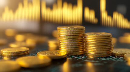 Poster - Gold stock market investment trading graph with a stack of gold coins, 3d rendering
