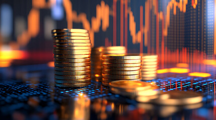 Aufkleber - Gold stock market investment trading graph with a stack of gold coins, 3d rendering