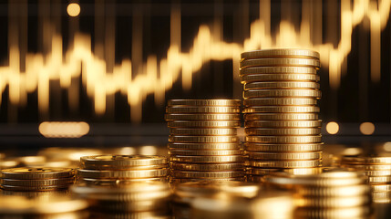 Poster - Gold stock market investment trading graph with a stack of gold coins, 3d rendering