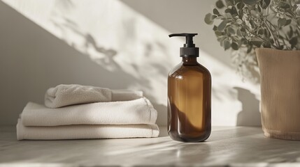 Poster - elegant brown bottle with pump beside neatly folded towels in a soft, sunlit bathroom setting