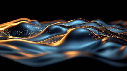 Poster - Mesmerizing Flowing Waves with Golden Sparkles Against a Dark Background, Evoking Depth, Movement, and a Sense of Tranquility in an Abstract Visualization