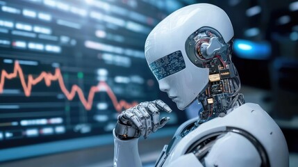 Poster - Futuristic humanoid robot contemplating data analysis in a high-tech environment, showcasing advanced artificial intelligence and cybernetic features against a digital backdrop.