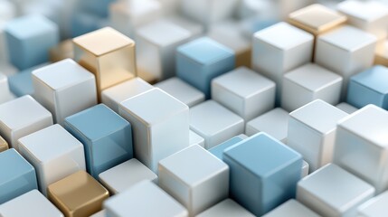 Poster - Abstract Geometric Composition Featuring Soft Blue and White Cubes with Highlights of Gold in a Three-Dimensional Arrangement, Creating a Contemporary Artistic Background