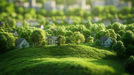 Aufkleber - Green city concept, small green town with trees and grass