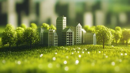 Fototapete - Green city concept, small green town with trees and grass