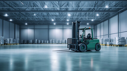 Poster - Green forklift at rest in a spacious warehouse, logistics and distribution concept