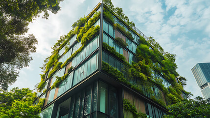 Poster - Green, ecological and sustainable building in a modern city, glass building with plants, ecological awareness, carbon reduction and sustainability