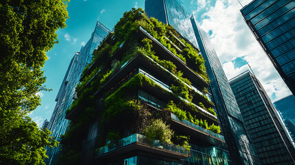 Aufkleber - Green, ecological and sustainable building in a modern city, glass building with plants, ecological awareness, carbon reduction and sustainability
